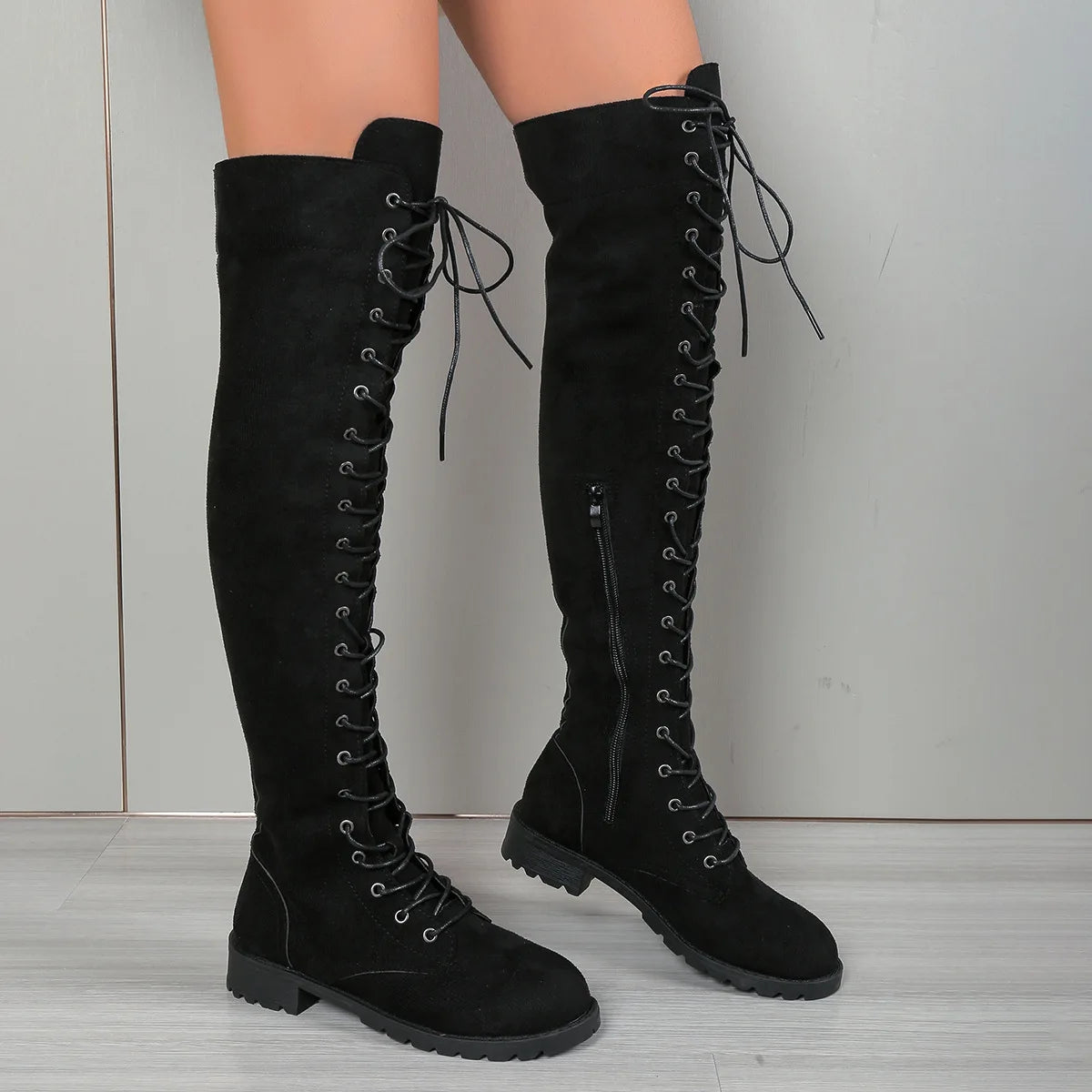 Stretchiga over-knee stövlar, dam, med leopardmönster och spetsig tå