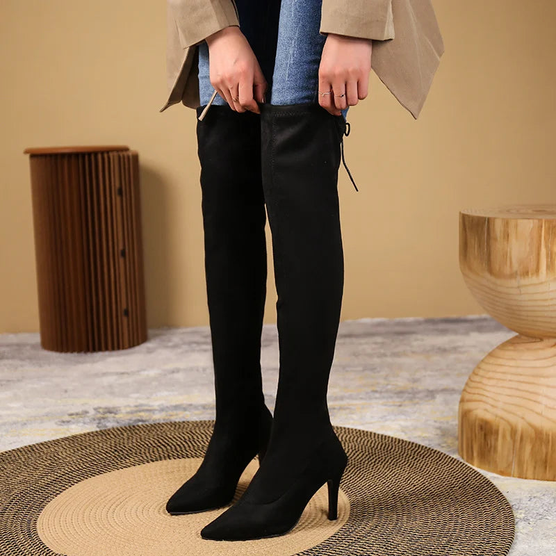 Stretchiga over-knee stövlar, dam, med leopardmönster och spetsig tå