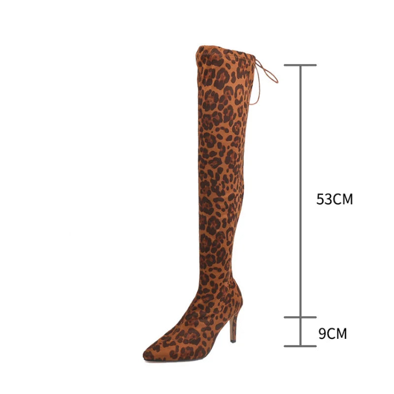 Stretchiga over-knee stövlar, dam, med leopardmönster och spetsig tå