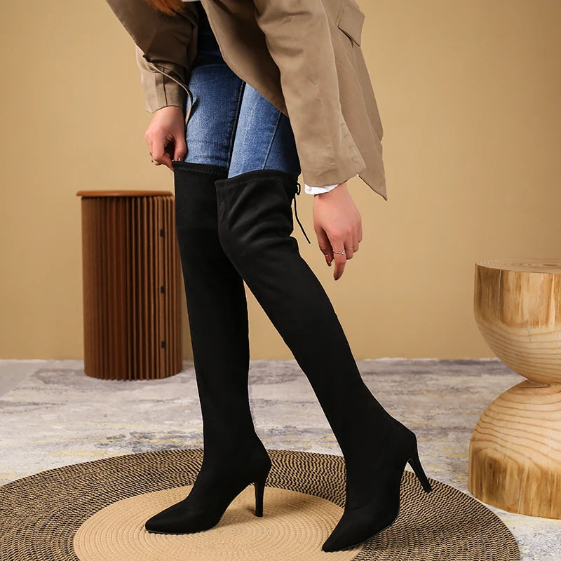 Stretchiga over-knee stövlar, dam, med leopardmönster och spetsig tå